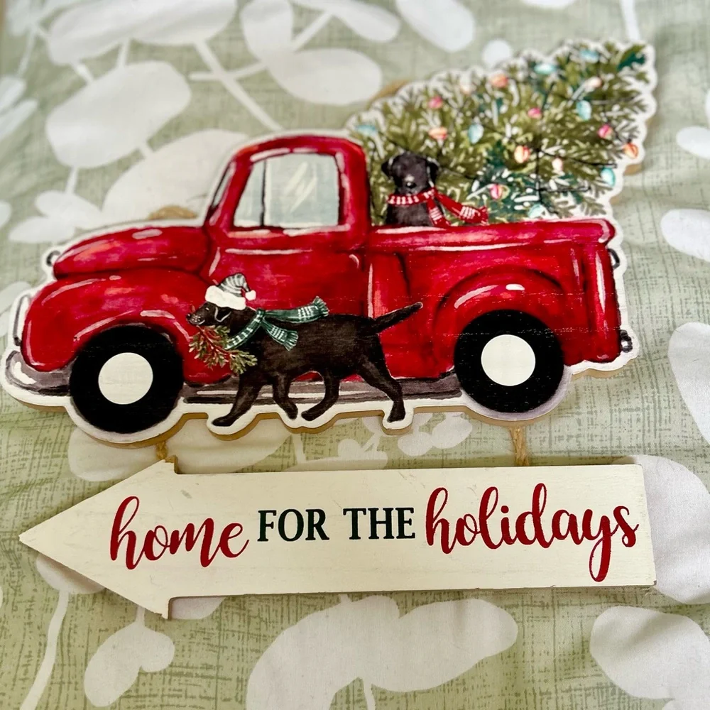 Christmas Festive Red Truck Black Dogs Christmas Tree Wood Wall Hanging Decor